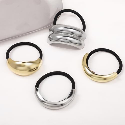 Hair Ties for Women, Gold Metal Hair Cuffs Hair Accessories Elastic Hair Ties Ponytail Cuff Hair Bands for Both Thick Hair and Thin Hair