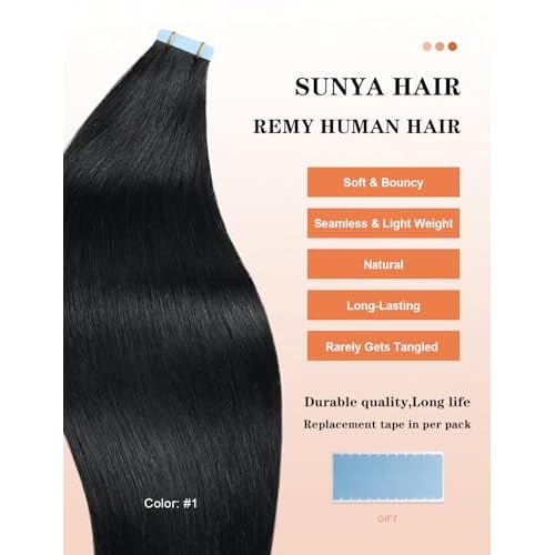 Sunya Tape in Hair Extensions Human Hair 30 Inch Long Straight Seamless Skin Weft Jet Black Tape in Hair Extensions #1 60g/Pack 20Pcs