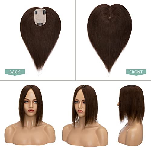 Hairro Human Hair Toppers for Women, Clip in Real Hairpieces, 130% Density 3"x5" Silk Base with Free Parting, for Covering Greyish Thinning Hair Loss/Adding Volume, 10 Inch Medium Brown