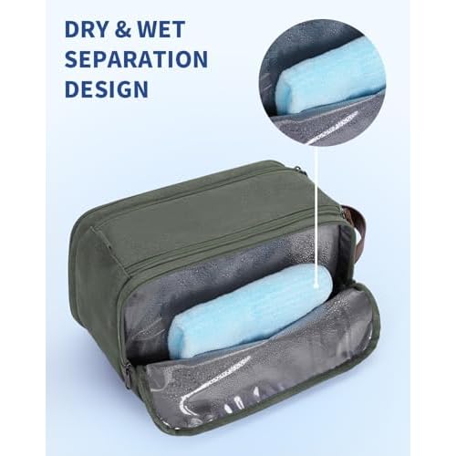 WANDF Toiletry Bag for Men Travel Toiletry Organizer Canvas and Leather Dopp Kit Water-Resistant Shaving Bag for Travel Accessories (Green, Large)