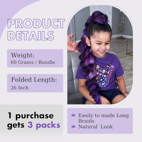 26 inch Long Purple Braiding Hair Pre Stretched Synthetic Braiding hair Extensions for Braids, Purple Hair Extensions for Stage Party Halloween Costume Cosplay
