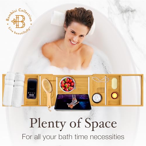 Bathtub Tray - Expandable Bamboo Bath Tray for Tub with Wine Glass Holder, Book & Tablet Stand - Wooden Bathtub Caddy Tray Table for Bathroom Accessories, Spa Relaxation, Housewarming & Wedding Gift