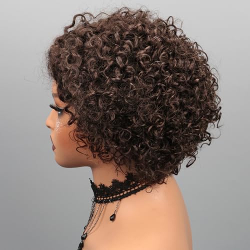 Short Curly Pixie Cut Wig Human Hair Chocolate Brown 5X5 Glueless Wigs Human Hair Pre Plucked Pre Cut Brazilian Brown Pixie Wigs for Black Women 8 Inch