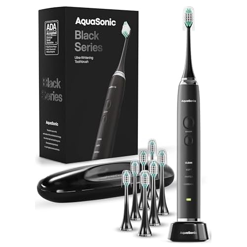 Aquasonic Black Series Ultra Whitening Toothbrush ? ADA Accepted Electric Toothbrush- 8 Brush Heads & Travel Case ? 40,000 VPM Electric Motor & Wireless Charging - 4 Modes w Smart Timer