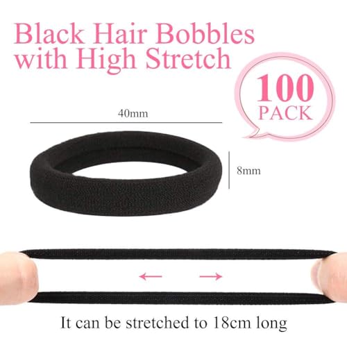 100PCS Black Soft Seamless Cotton Hair Ties for Women and Girls, Thick/Thin Hair Ponytail Holders, No Crease No Damage Elastics (1.6 Inch Diameter)
