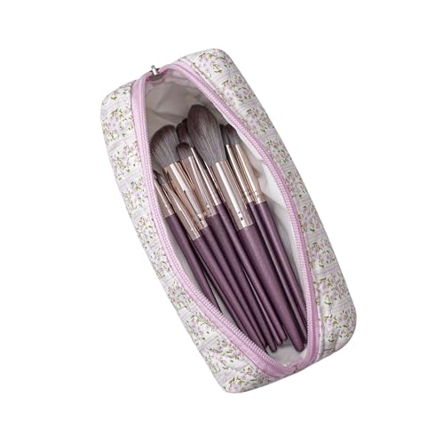 Cute Floral Cotton Makeup Brush Cosmetic Bag for Women, Travel Quilted Zipper Make Up Bag, Flowers Toiletry Organizer Case Kawaii Makeup Cosmetic Travel Cloth Pouch (Pink Floral)