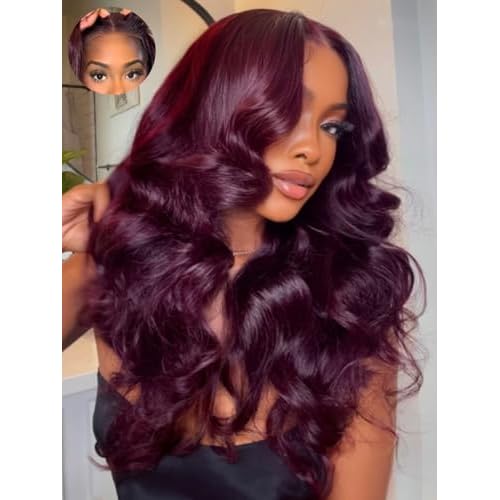 KLAIYI Black Cherry Loose Body Wave Pre Eeverything 13x4 Lace Frontal Wigs Human Hair Bye Bye Knots Glueless Ready to Wear and Go Wig with Face Framing Bangs Drawstring Pre Plucked Burgundy Wig 18Inch