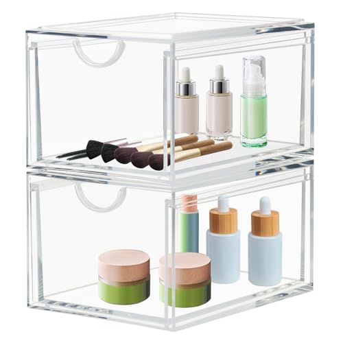 2 Pack Stackable Cosmetic Organizer Drawers, Clear Acrylic Makeup Storage Organizer Box, Plastic Storage Bins Vanity Container for Bathroom Countertop, Bedroom Dresser, Kitchen Cabinets