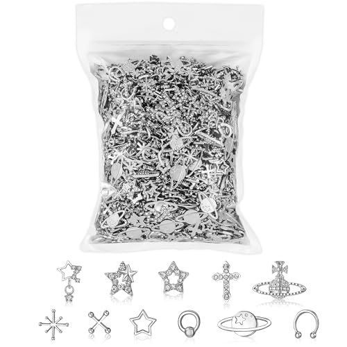165PCS Silver Nail Charms Bulk Set with Star, Planet, Cross & More; 165 Count; Metal Alloy with Rhinestones; Mix Shape; Nail Art Accessories