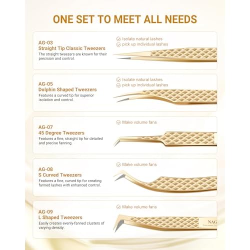 NAGARAKU Eyelash Tweezers Set, 5 PCS Precision Micro Fiber Tip Tweezer for Lash Extensions Antistatic Anti-Slip Straight and Curved Pinzas AG-03/AG-05/AG-07/AG-08/AG-09 with Box For Lash Artists