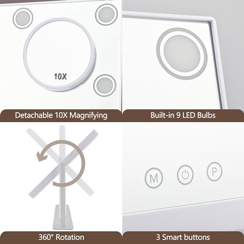Lighted Makeup Mirror, 14"x 12" Hollywood Vanity Mirror with 9 LED Bulbs, 3 Color Lights, and Detachable 10X Magnification Mirror, 1200mAh Rechargeable, Touch Control, 360¡ÆRotation (White)