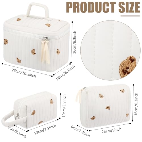 Paterr 3 Pieces Cotton Quilted Makeup Bag Set Coquette Cosmetic Bag Aesthetic Travel Toiletry pouch Cute Pouch Kawaii Aesthetic for Women(White,Little Bear)