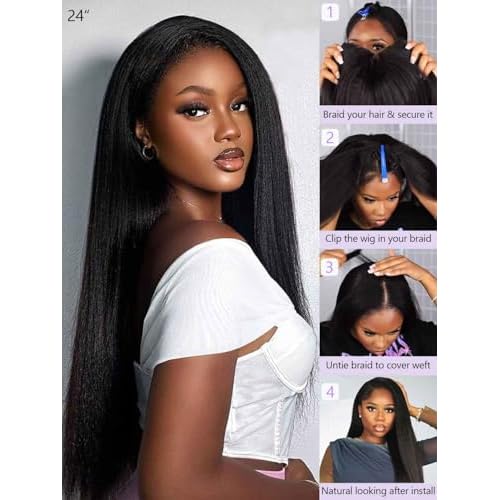 DMKEEP Kinky Straight U Part Human Hair Wig 12A Upgraded Glueless Full Head Clip in U Part Wigs for Women 22 Inch