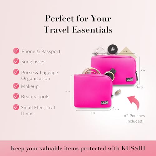 KUSSHI 2pc Neoprene On-The-Go Pouch Set - Passport Holder and Travel Zipper Makeup Pouch for Purse - Small Purse Pouch for Organization, Electronics, Glasses & Valuables (Pink)