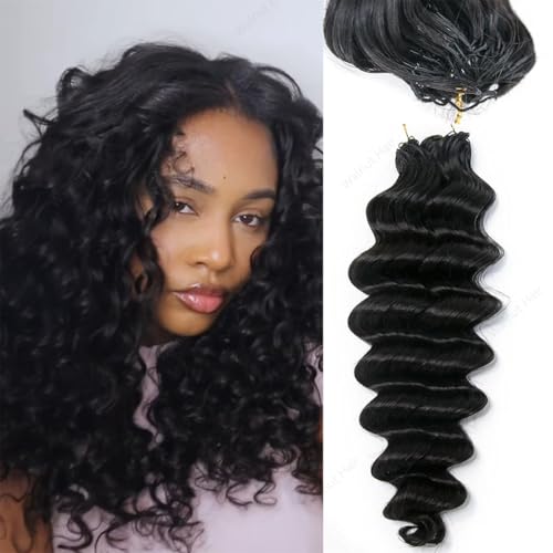 Deep Wave Crochet Human Hair Extensions Brazilian Virgin Feather Human Hair Bundles Pre Separated Braiding Hair Pre Looped for Boho Braids For Black Women Walnut Hair Natural Color 18inch 120g