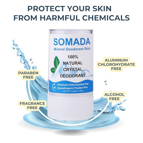 SOMADA Crystal Deodorant Stick for Women and Men, 4.25 oz/120g - Unscented 100% Natural Alum Salt Stone Rock, Stocking Stuffer Holiday Gift