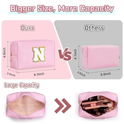 TOPEAST Initial Makeup Bag, Birthday Gifts for 4 5 6 7 8 9 10 11 12 Year Old Teen Girls, Personalized Preppy Cosmetic Bag | Leather Toiletry Bag (Pink A)