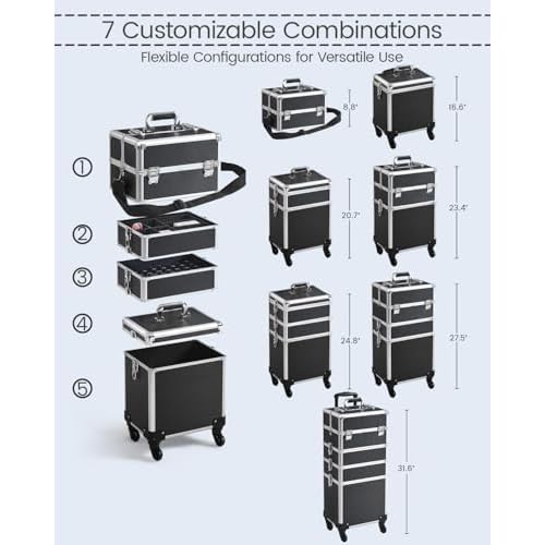Yaheetech Professional Makeup Train Case 5 in 1 Cosmetology Case on Wheels Aluminum Beauty Travel Case Rolling Cosmetic Organizers & Storage Black
