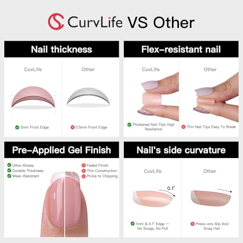 Curvlife 30pcs Press on Nails, Short Square Acrylic Fake Nails with Wine Red Glitte Apricot Design Full Cover False Glossy Nude Artificial for Women