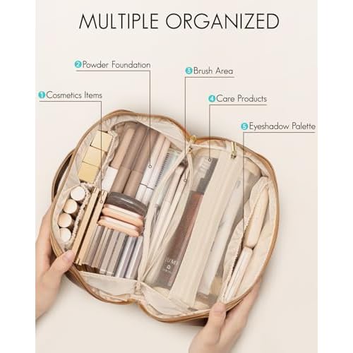 Vlando Travel Makeup Bag,Brown Leather Make up Bag,Portable Toiletry Bag with Divider and Handle,Gifts for Women (Brown)