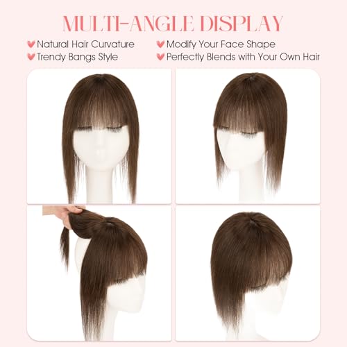 Hairro Mono Hair Toppers with Bangs, 3.4" x 3.4" Mono Base 100% Real Human Hairpieces for Women, 150% Density Clips In Topper for Greyish Thinning Hair, 6 Inch Dark Brown