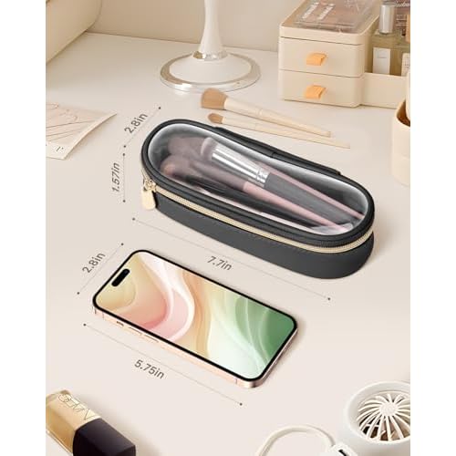 Clear Travel Makeup Brush Holder, Leather Makeup Brush Toiletry Bag, Portable Cosmetic Brush Case, Transparent Waterproof Makeup Brush Storage Bag, Black