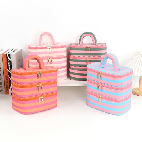 Three Layer Makeup Bag for Women Fashion Stripes Cosmetic Bag Preppy Style Travel Water-Resistant Toiletry Bag for Storage Toiletries Cosmetics Sets for Women Teen Girls Purple