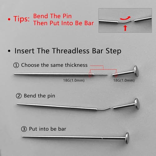 G23 Titanium Threadless Piercing Taper 16G/18G/20G Flat Back Earring Applicator Tool Insertion Pin for Push In Nose Lip Ear Tragus Helix Body Piercing Jewelry Stretcher Assistant Tool