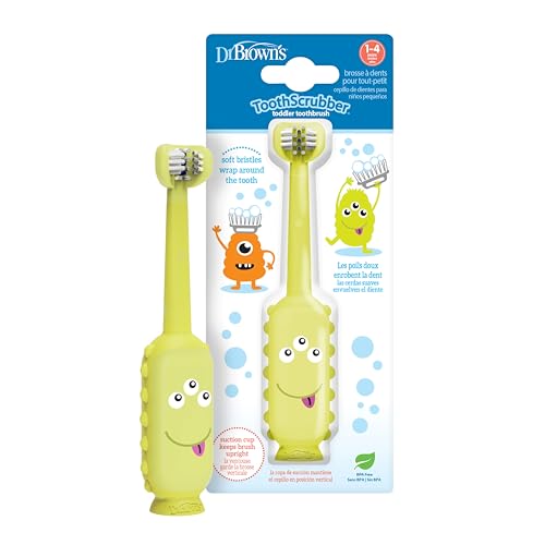 Dr. Brown's ToothScrubber Toddler Toothbrush, Triple-Sided Training Toothbrush with Suction Cup Base, Green Monster, Baby Oral Care, Ages 1-4 Years