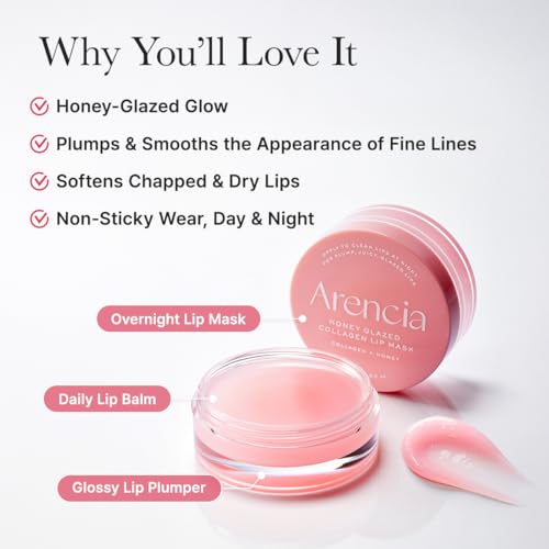 Arencia Honey Glazed Collagen Lip Mask, Overnight Lip Treatment with Collagen and Honey, 0.52 oz