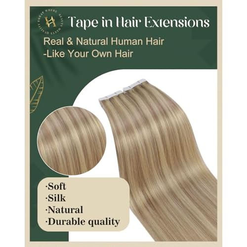 Ugeat Blonde Tape in Extensions Human Hair Highlights Tape in Extensions for Short Dark Ash Blonde with Golden Blonde Straight No Damage to Natural Hair for Wedding 16Inch 20Pcs 50G