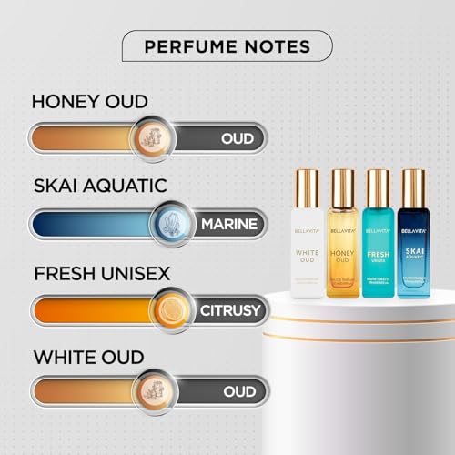BellaVita Luxury Unisex Cologne Gift Set (4x20ml) | Fragrances Includes Honey OUD, SKAI, FRESH & White OUD | Travel Size Mini Perfumes & Spicy Vanilla Perfume Oil | Unisex Perfume for Women & Men