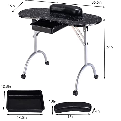 Giantex Portable Manicure Table, Foldable Nail Tech Table with Large Drawer, Wrist Rest, 4 Lockable Casters, Carrying Bag, Nail Salon Table Nail Desk Station for Technician, Black