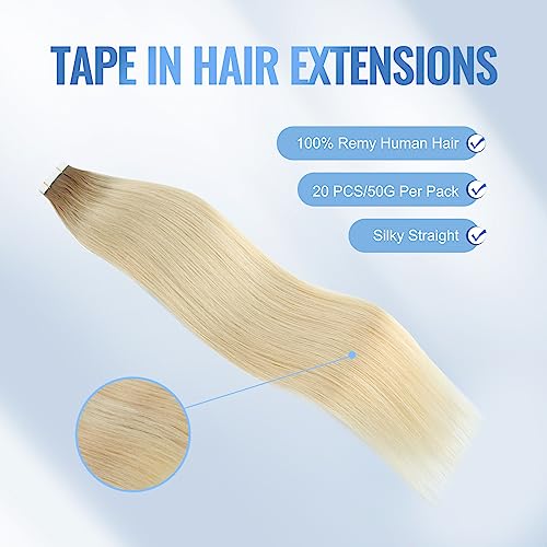 Sixstarhair Rooted Blonde Tape In Hair Extensions Human Hair Medium Brown Fading to Platinum Blonde Remy Hair Beautiful Hair for Women [Color R6-60#-16 inch]