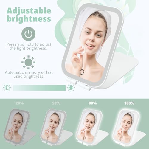Travel Makeup Mirror, Portable Mirror with Light, 3 Adjustable Light Settings USB-Rechargeable Vanity Mirror for Bedroom, Office, Home, Gift for Women and Girls (White)