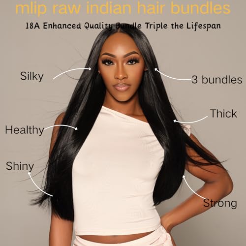 Human Hair Bundles with Frontal 3 Bundles with 13x4 Lace Frontal Free Part 12A Straight Hair 100% Unprocessed Brazilian Virgin (straight 3 bundles with frontal, 24 26 28+18)