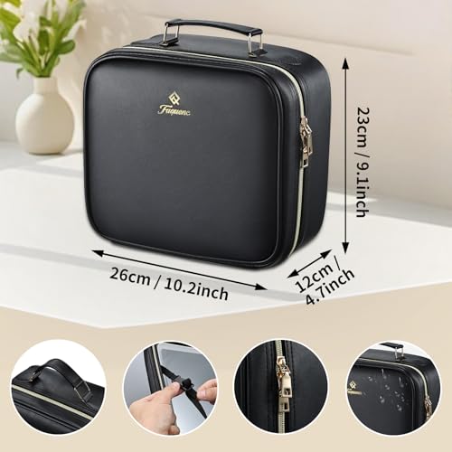 Travel Makeup Bag with LED Mirror 3 Color Modes,10.2-in Black Vegan Leather Makeup Organizer Bag with Adjustable EVA Dividers and Independent Brush Panel