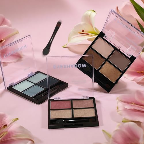 4-in-1 Eye Makeup Kit 4 Colors Eyeshadow Palette Black Liqiud Eyeliner with Stamp and Double-headed Brown Eyebrow Pencil Set for Women Beginners Gift (03)