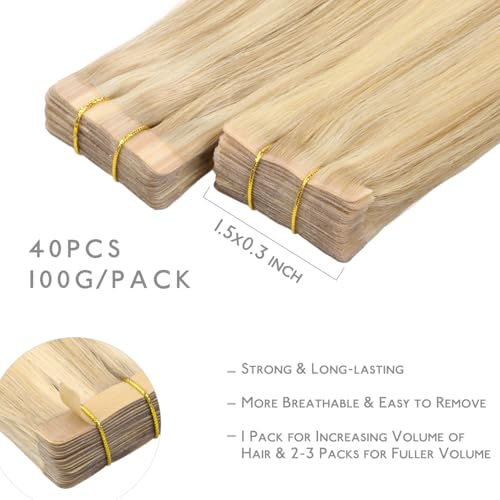 WENNALIFE Invisi Edge & Classic Tape in Hair Extensions Human Hair, 20 Inch 100g 40pcs(20pcs Invisi Edge & 20pcs Classic) Light Blonde Highlighted Golden Blonde Invisible Injected Remy Hair Seamless