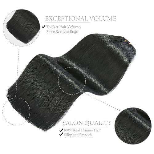 FoxFace Clip in Hair Extensions Real Human Hair, Thick Extensions from Root to Tip, Natural Hair Clip Ins, Jet Black, 22 Inch 120g 7Pcs