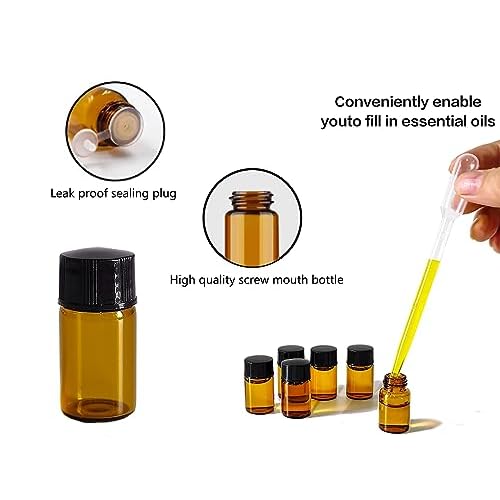 50Pcs 3ml Amber Sample Bottles,Mini Glass Essential Oil Bottle, with Black Screw Caps, for Travel Essential Oil and Perfume Vials Bottles (3ML)