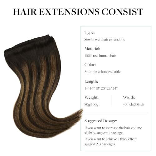 DOORES Sew in Hair Extensions Real Human Hair, Balayage Dark Brown to Chestnut Brown 24 Inch 120g Weave Remy Extensions Full Head Long Straight