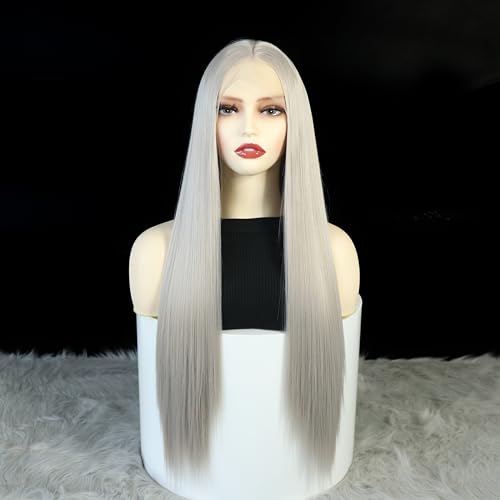 Synthetic Lace Front Wigs For Women Silver Grey Free Part Long Straight Glueless Heat Resistant Fiber Hair Cosplay Party Wigs