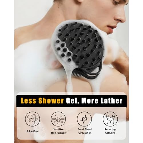 2 in 1 Silicone Body Scrubber, Anti Cellulite Massage Scrubber, Exfoliating Shower Brush for Men & Women, Removes Dead Skin, Reduces Cellulite, Improves Circulation, Fast Dry, Non Slip (1PC, Black)