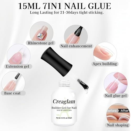 Builder Gel for Nails, 7-in-1 Clear Hard Gel for Rubber Base, Apex Building, Thickening Extensions and Rhinestone Glue, LED/UV Lamp Cured for DIY & Salon and Gift (15ml)