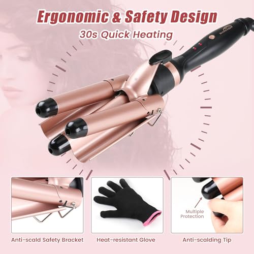 Triple Barrel Curling Wand - Fast Heating, 2-LED Temp Control, Auto Shut-Off, Beachy Waves & Mermaid Crimper Style, Mother's Day Gift