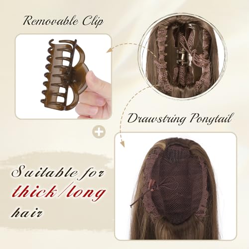 FESHFEN Claw Ponytail Extensions - Long Straight Ponytails for Women Hairpieces Synthetic Hair Pony Tails Extension Clip in Hairpiece, 25 inch Honey Blonde Mixed Light Brown