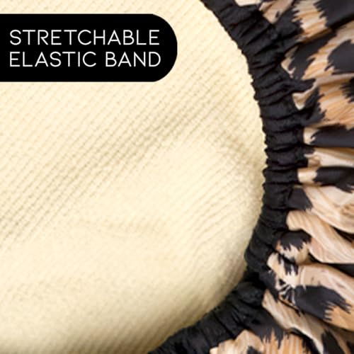 Reusable Nylon Shower Cap & Bath Cap, Reversible Oversized Waterproof Shower Caps Large Designed for all Hair Lengths w Terry Lining & Elastic Band Stretch Hem Hair Hat - Socialite Safari Spots