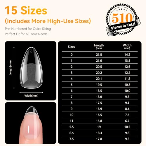 Makartt Nail Tips: Short Almond Full Cover Fake Nails 510pcs, 15 Sizes Soft Gel Half Matte Pre-shape Soak Off for Press on Nails DIY for Extension No Crease Acrylic Nail Manicure DIY Salon Home