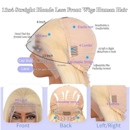 SIYUSI 32Inch 613 Lace Front Wig Human Hair,13x4 HD Transparent Lace, 200% Density Straight Brazilian Blonde Wig, Pre-Plucked with Baby Hair